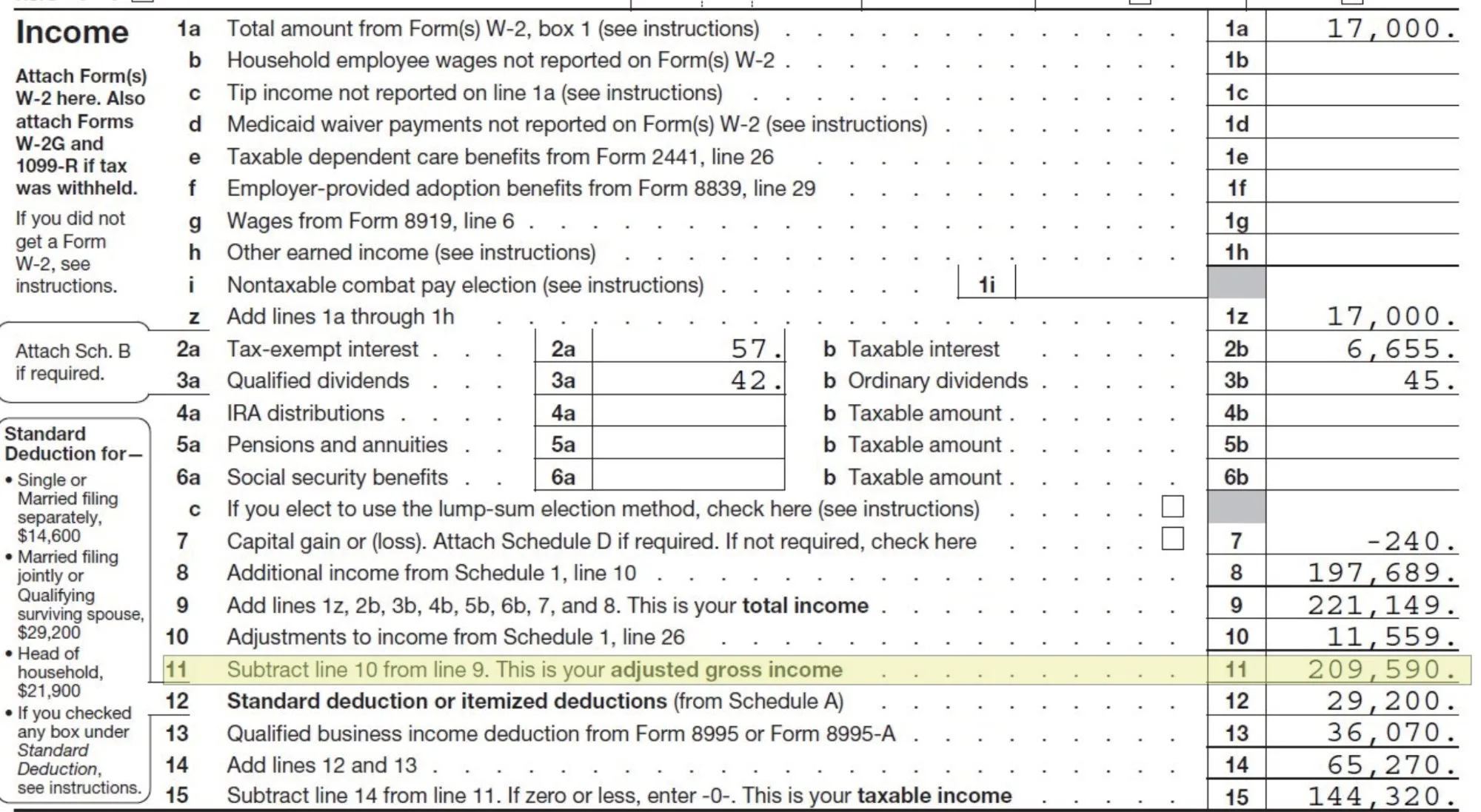 Prior-year IL-1040 return with Line 11, the Adjusted Gross Income, highlighted
