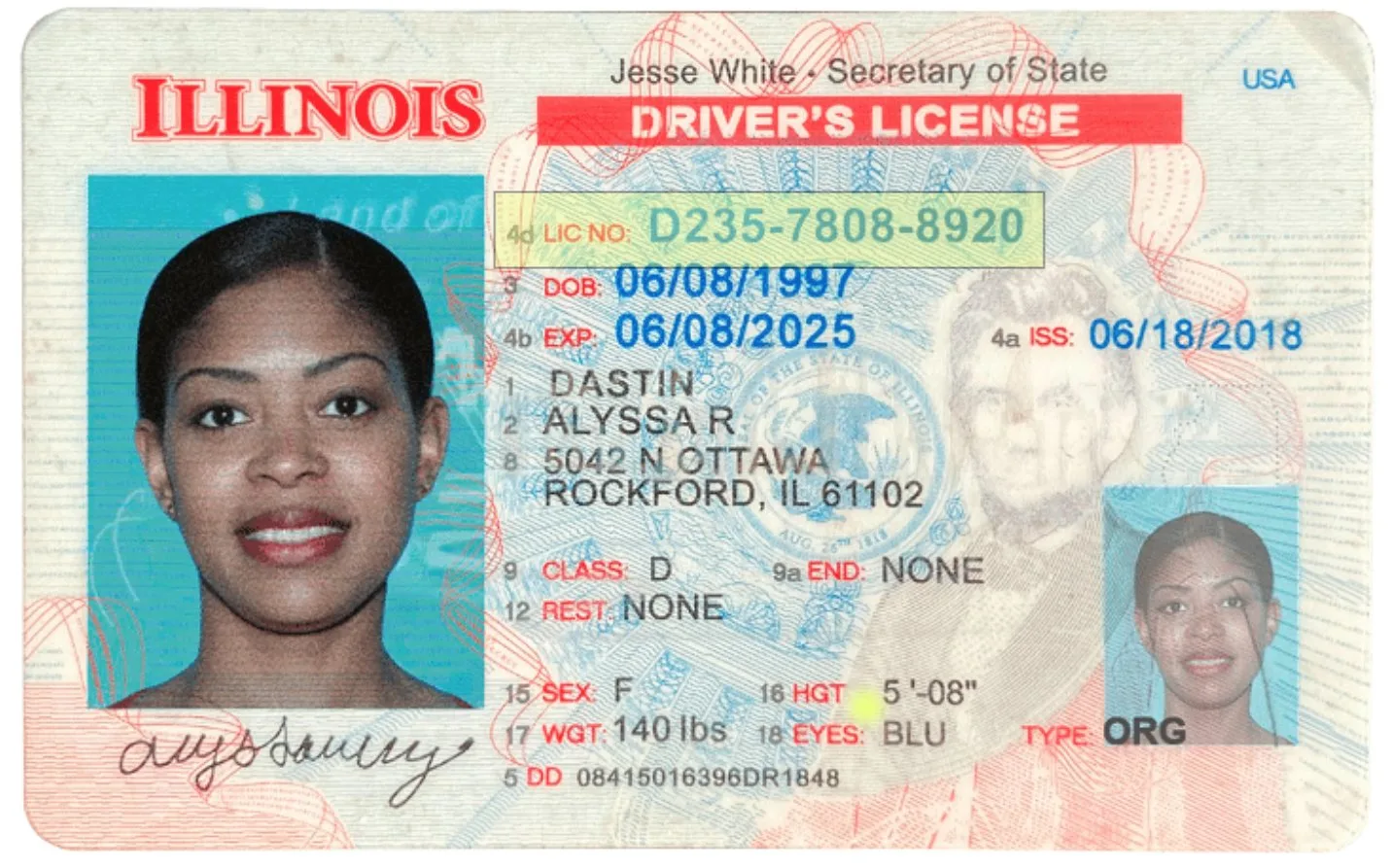 Illinois Driver's License with the license/ID number highlighted