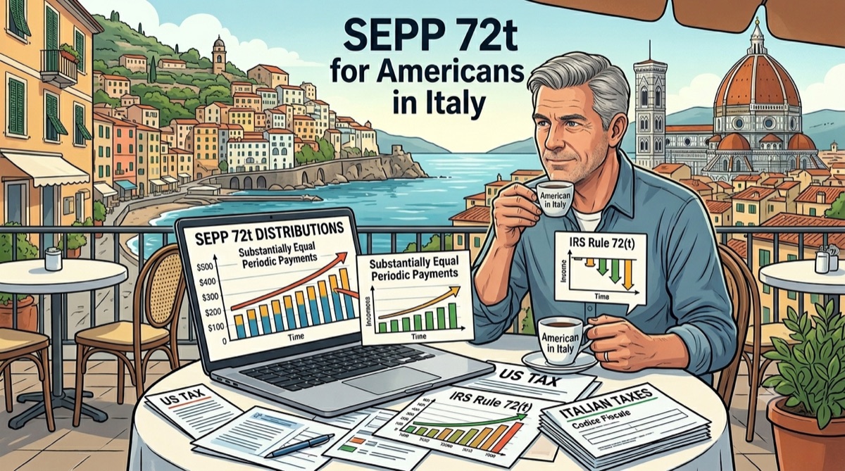 An American expat in Italy reviewing SEPP 72(t) distributions and U.S./Italian tax paperwork