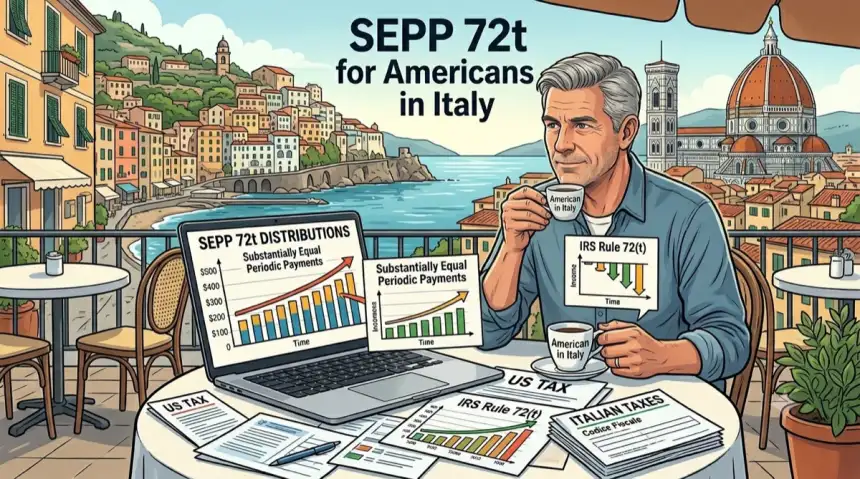 An American expat in Italy reviewing SEPP 72(t) distributions and U.S./Italian tax paperwork