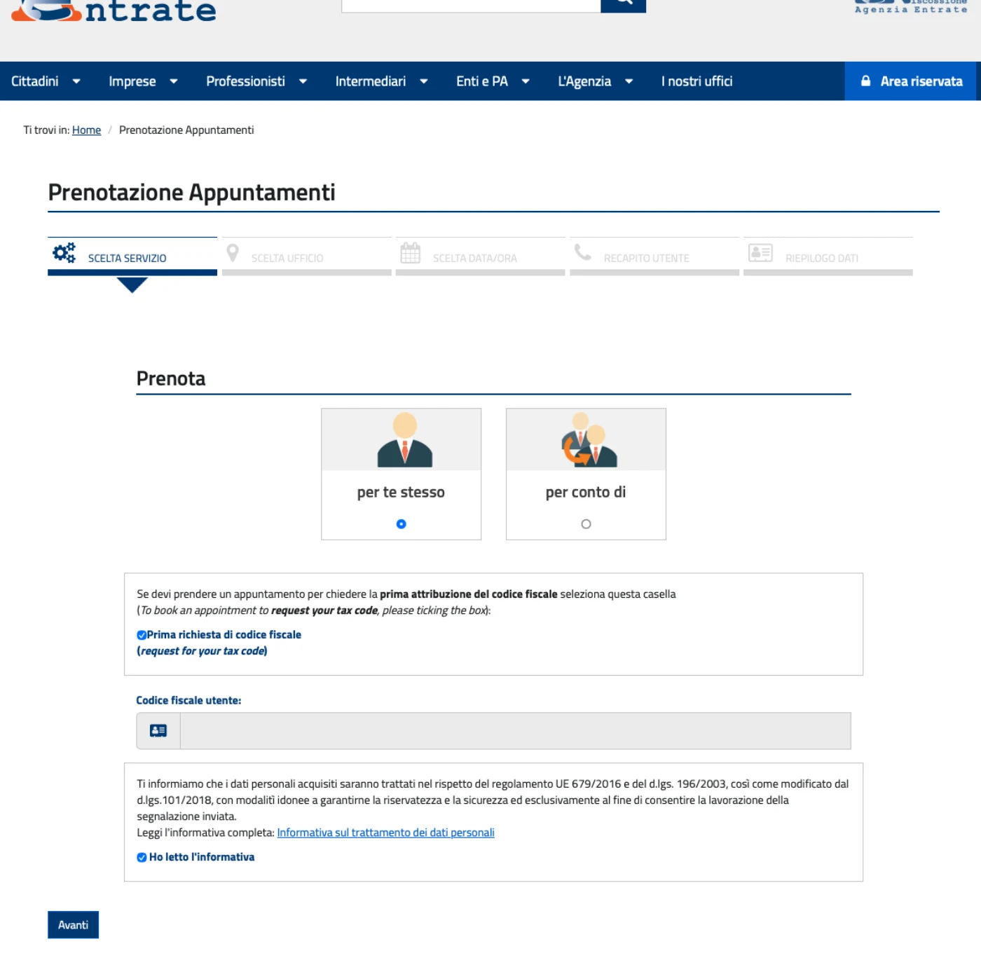 Agenzia delle Entrate online appointment booking: the Prima richiesta di codice fiscale / request for your tax code checkbox that lets you book without an existing codice fiscale