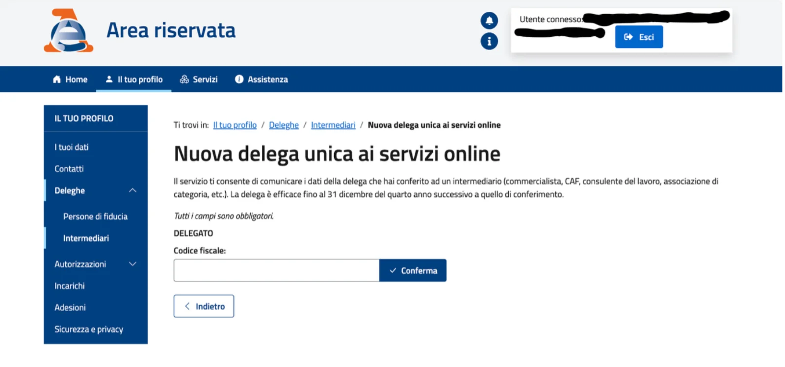 Agenzia delle Entrate codice fiscale confirmation screen