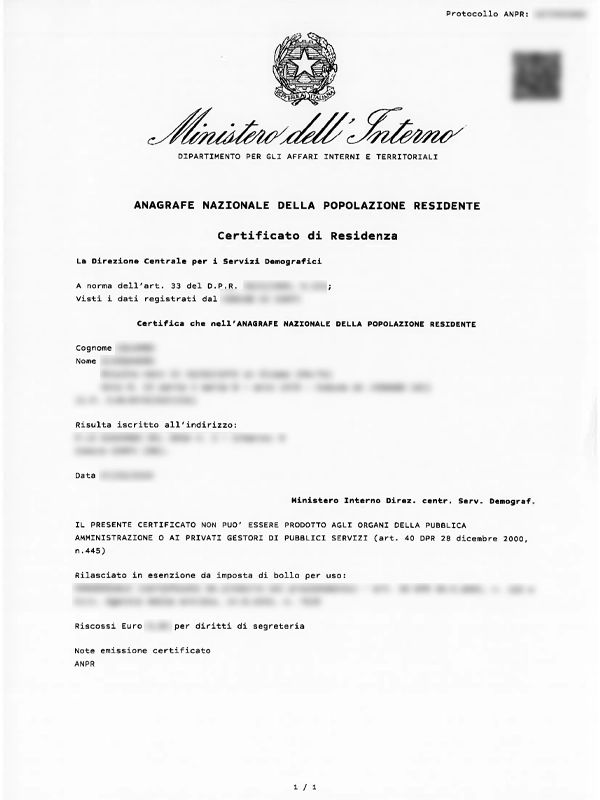 An Italian certificato di residenza from the Anagrafe Nazionale della Popolazione Residente, the comune registration record that fixes the start date of Italian tax residency