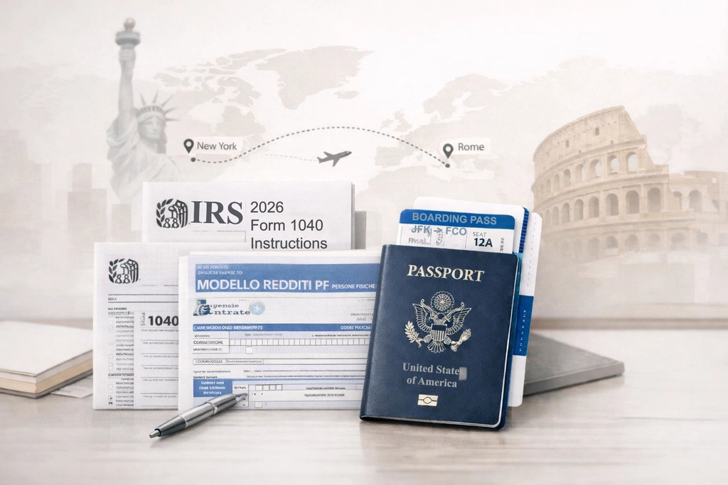 U.S. passport with a JFK to FCO boarding pass beside IRS Form 1040 and Italian Modello Redditi forms, New York to Rome