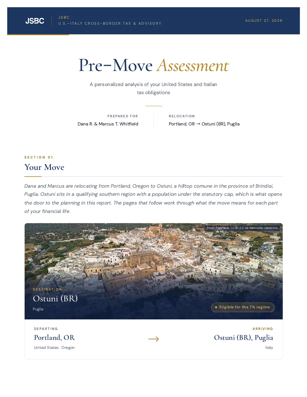 Pre-Move Assessment sample report cover page: a fictional household relocating from Portland, Oregon to Ostuni, Puglia