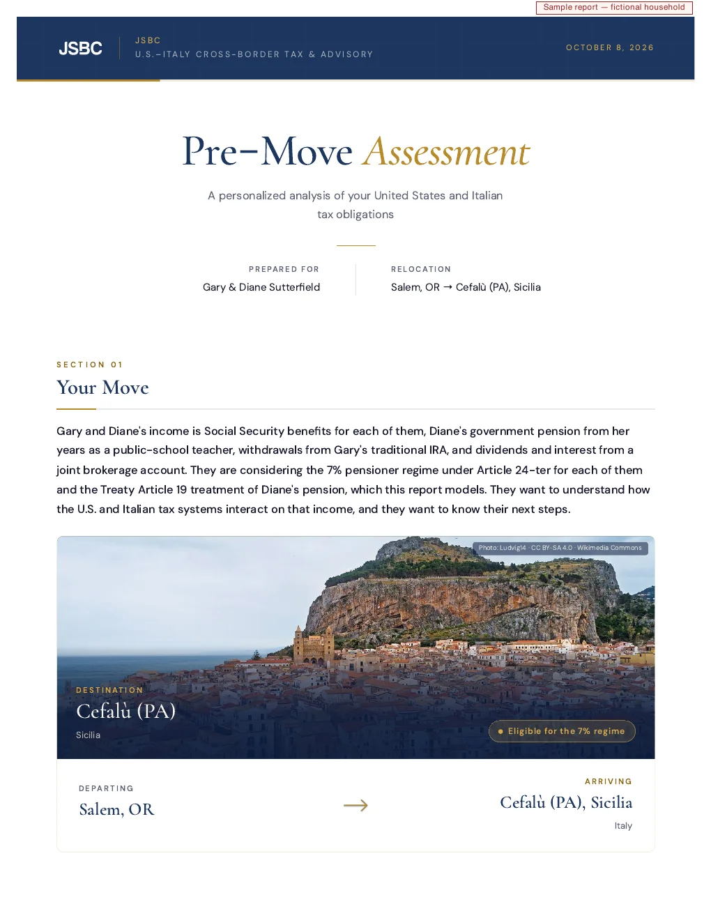 Pre-Move Assessment sample report cover page: a fictional household, Gary and Diane Sutterfield, relocating from Salem, Oregon to Cefalù, Sicily