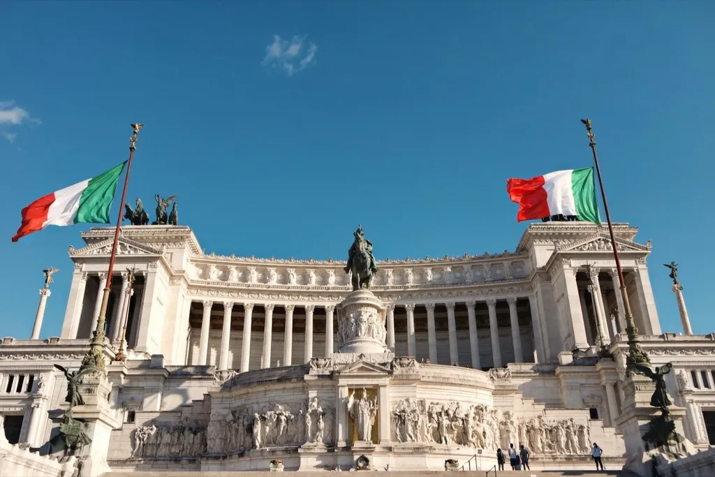Italian flags flying at the Altare della Patria in Rome
