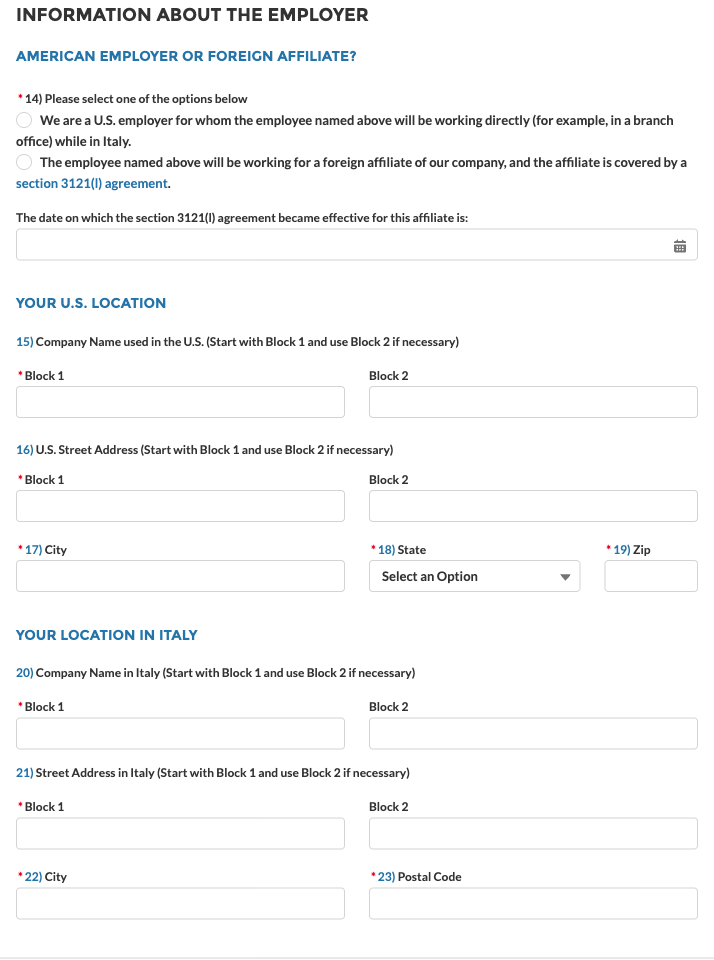 SSA Employer Certificate form: American employer option, U.S. company location, and location in Italy fields