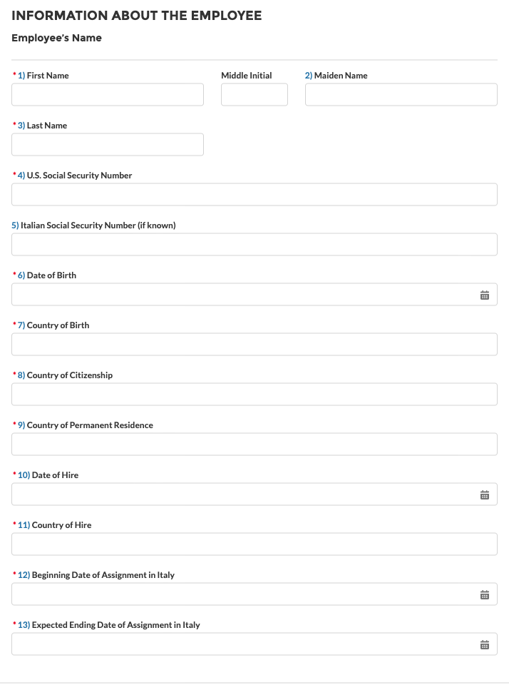 SSA Employer Certificate form: employee fields including country of permanent residence, date and country of hire, and assignment dates in Italy