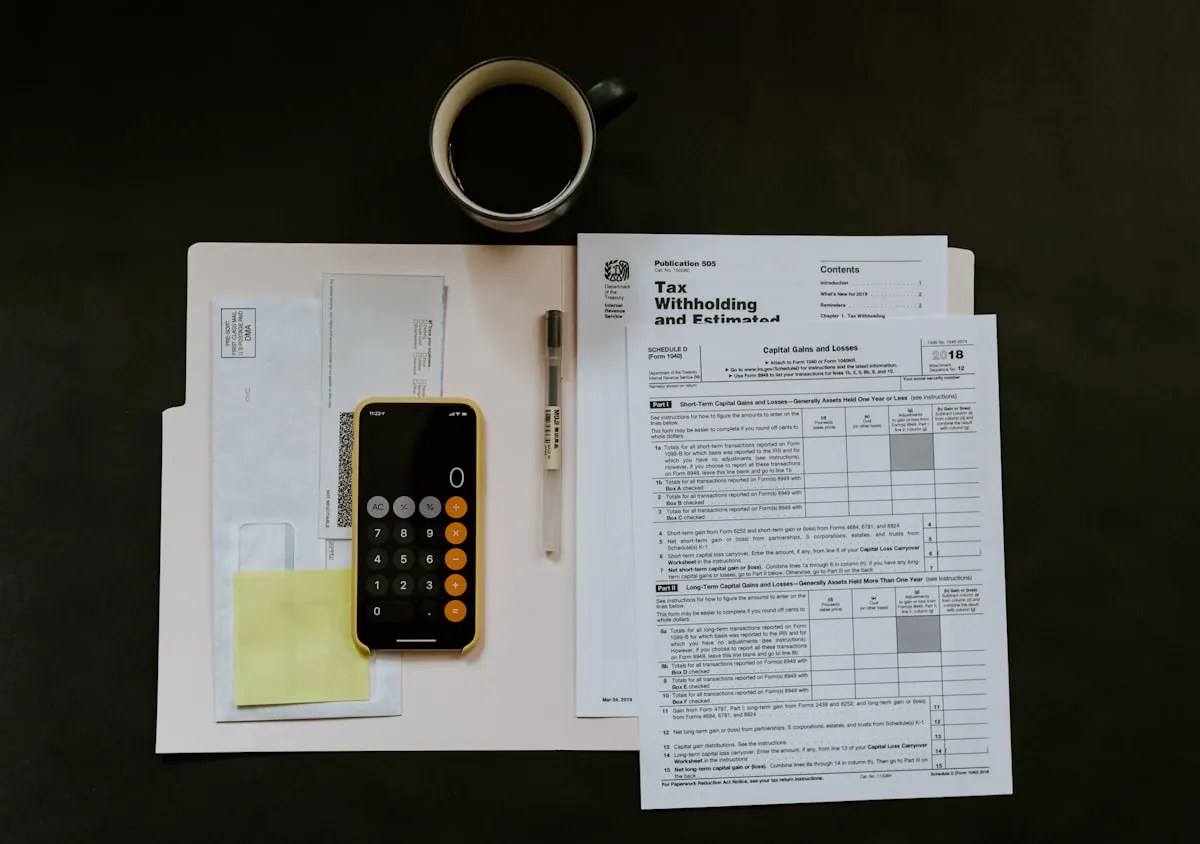 Calculator, coffee, and tax paperwork for U.S.–Italy cross-border tax calculation